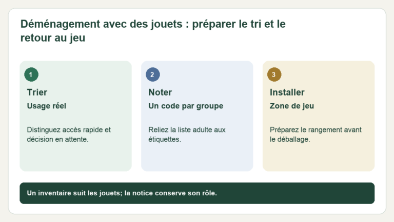 Schéma : Trier — Usage réel : Distinguez accès rapide et décision en attente. ; Noter — Un code par groupe : Reliez la liste adulte aux étiquettes. ; Installer — Zone de jeu : Préparez le rangement avant le déballage.