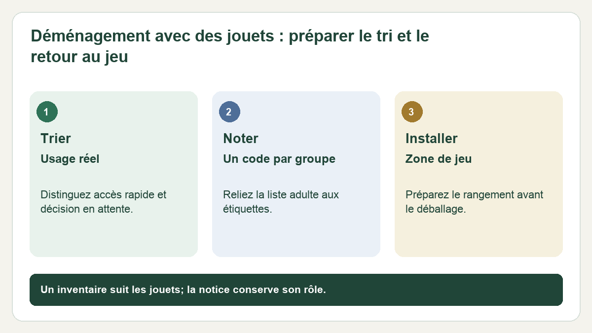 Schéma : Trier — Usage réel : Distinguez accès rapide et décision en attente. ; Noter — Un code par groupe : Reliez la liste adulte aux étiquettes. ; Installer — Zone de jeu : Préparez le rangement avant le déballage.